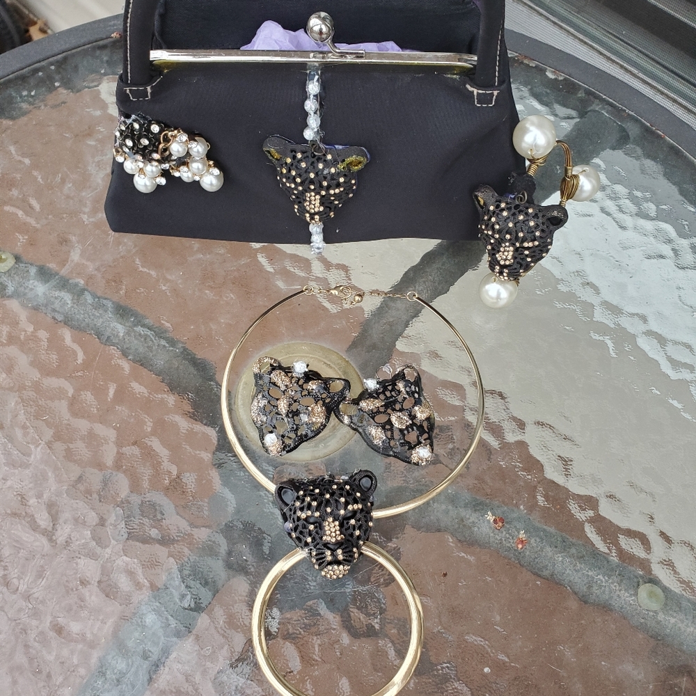 Black panther earrings and necklace set